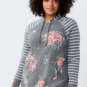 Maurices Round Hem Gray Floral Rose And Stripes Sweatshirt Hoodie Sz Medium